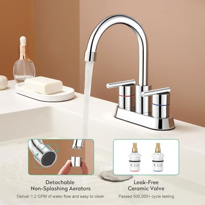 Faustina Polished Chrome Bathroom Faucet, 4 Inch Centerset Bathroom Faucet for Sink 2 Holes 3 Holes，Two Handles 304 Stainless Steel Faucet with Pup up Drain and 2 Water Supply Lines for RV Vanity - color: Chrome, style: Modern Centerset