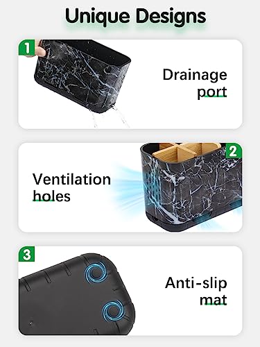 GFWARE Marble Toothbrush Holders with Drainage, Bathroom Organizer, Large | 5 Slots Toothbrush and Toothpaste Holder with Bamboo Divider, Kids Electric Toothbrush Holder for Bathroom, Marble-Look - color: Marble-l