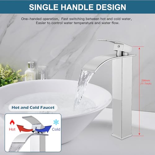 Midanya Waterfall Tall Bathroom Vessel Sink Faucet,Polish Chrome | with 24” cUPC Water Hoses,Pop Up Drain without Overflow,for 1 hole Vanity,RV,Lavatory,Bowl,Farmhouse,SUS304,Single Handle - color: Chrome