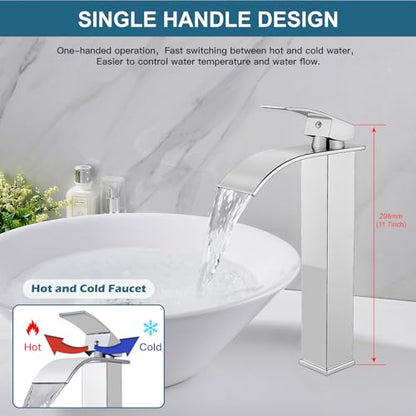 Midanya Waterfall Tall Bathroom Vessel Sink Faucet,Polish Chrome | with 24” cUPC Water Hoses,Pop Up Drain without Overflow,for 1 hole Vanity,RV,Lavatory,Bowl,Farmhouse,SUS304,Single Handle - color: Chrome