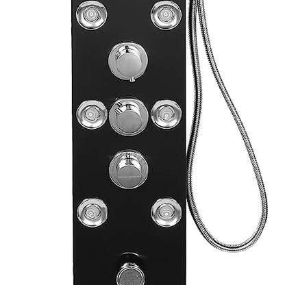 Black LED Shower Panel Tower System with 8 Massage Body Jets, Stainless Steel 6 IN 1 Shower Tower with Rainfall Waterfall Shower Head and Handheld, Multi-Function Bathroom Shower Panel