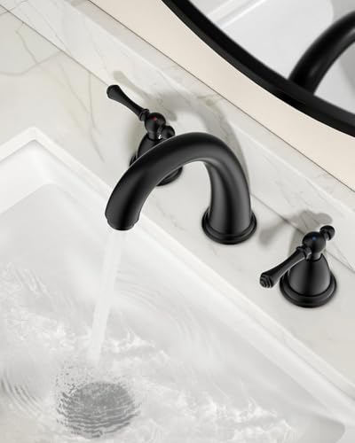 FORIOUS Bathroom Faucet 3 Hole Widespread 8" Sink Faucets Matte Black | 3-hole 6-12 Inch Widespread Sink, 2 Lever Handle, with Drain and Hoses,for Vanity Rv Commercial Lavatory Restroom Farmhouse - color: Matte Black, style: Classic