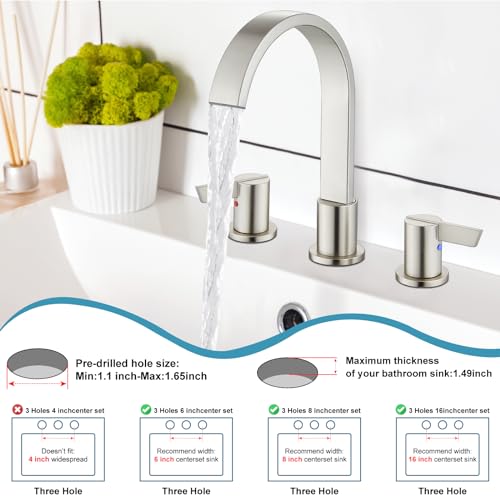 Midanya 8 Inch Widespread Bathroom Sink Faucet 3 Hole,Brushed Nickel | Waterfall Swivel Spout,2 Handle,SUS304,with Pop Up Drain,cUPC 24" Water Hose,for 6-16” hole distance vanity,RV,Farmhouse Sink - color: Nickel