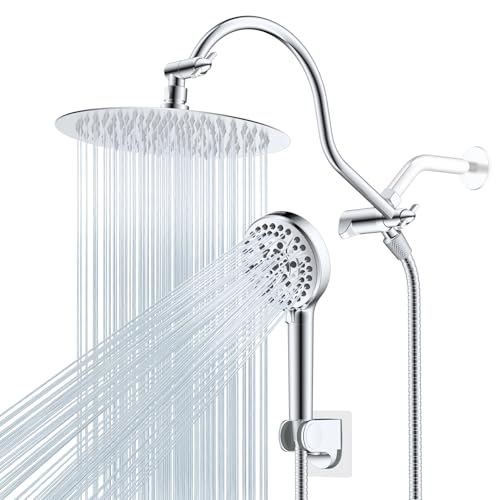 Hibbent All Metal CUPC Certified Shower Head, 10'' High Pressure Rainfall Shower Head, Handheld Showerhead Combo with 12'' Adjustable Extension Arm, 10-Spray, 71'' Shower Hose, Shower Holder, Chrome - color: Chrome, style: Round 10''