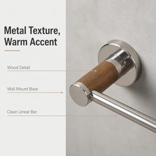 Hand Towel Holder for Bathroom, 9.4'' Wall Mounted Towel Bar, Stainless Steel Towel Rack with Wood Accent, Polish Bathroom Towel Holder for Hand Towels, Kitchen Sink Towel Bar