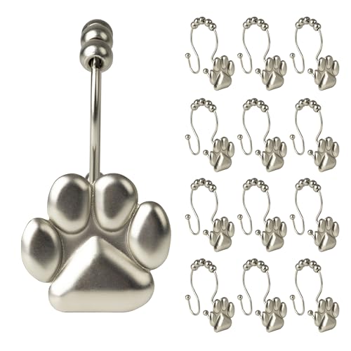 Sunlit Fashion Design Cute Paw Print Polished Double Shower Curtain Hooks for Dog Cat and Bear, Rust Proof Oil Rubbed Metal Shower Curtain Rings-12 Pack - color: Silver With Double Hooks