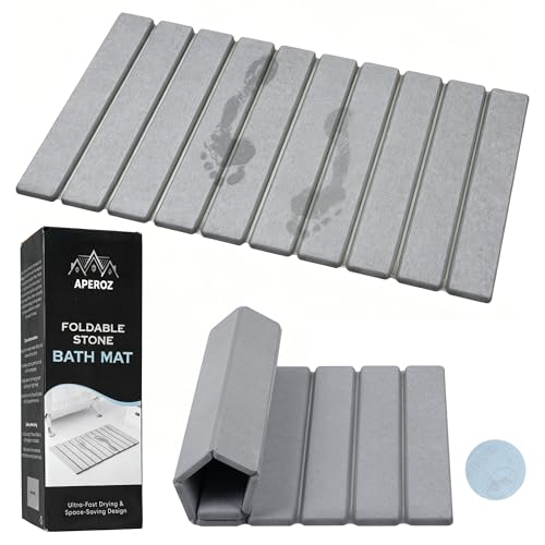 Foldable Stone Bath Mat, Diatomaceous Earth Non-Slip Shower Mat, Super Absorbent Quick Dry Bathroom Floor Mat, Compact for Small Bathrooms, 23.6 x 15.4 Inch, Grey