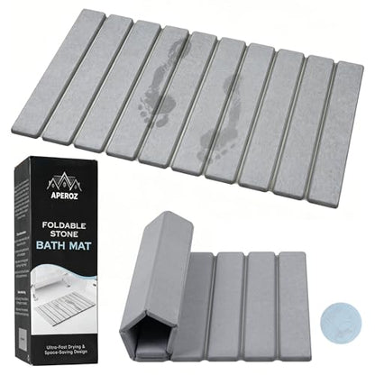 Foldable Stone Bath Mat, Diatomaceous Earth Non-Slip Shower Mat, Super Absorbent Quick Dry Bathroom Floor Mat, Compact for Small Bathrooms, 23.6 x 15.4 Inch, Grey