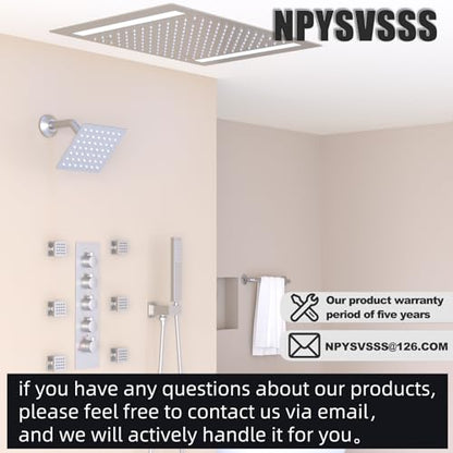 Thermostatic Shower System with 14x20 Inch Ceiling Mount LED Head & 6 Inch Wall Head and Handheld Shower 4 Function Vale with body jets Can All Run Together,Brushed Nickel - color: Brushed Nickel, style: 14x20 led+6 jets