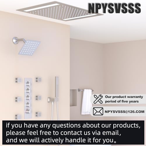 Thermostatic Shower System with 14x20 Inch Ceiling Mount LED Head & 6 Inch Wall Head and Handheld Shower 4 Function Vale with body jets Can All Run Together,Brushed Nickel - color: Brushed Nickel, style: 14x20 led+6 jets