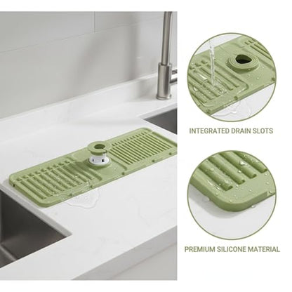 Silicone Faucet Splash Guard Mat，13 x 3.35 Inches | For Kitchen & Bathroom Sinks,Flexible Drainage Tray Design,Helps Keep Sink Area Dry,Easy to Use and Clean - color: Green