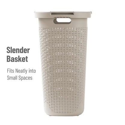 Mind Reader Slim Laundry Hamper with Lid, 60L Tall Clothes Baskets, Narrow Tapered Design for Bathrooms Closets and Laundry Rooms, Plastic, 3 Pack, Ivory - color: Ivory
