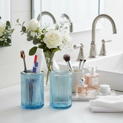 Toothbrush Holders for Bathrooms, 2pcs Glass Toothbrush Holder, 12oz Bathroom Tumbler and Mouthwash Cup, Tooth Brush and Toothpaste Organizer for Bathroom Vanity Countertop (Blue Silver) - color: Blue Silver