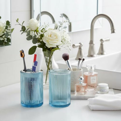Toothbrush Holders for Bathrooms, 2pcs Glass Toothbrush Holder, 12oz Bathroom Tumbler and Mouthwash Cup, Tooth Brush and Toothpaste Organizer for Bathroom Vanity Countertop (Blue Silver) - color: Blue Silver