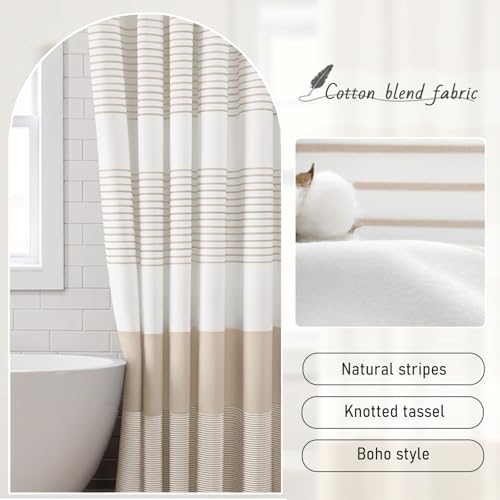 Extra Long Beige Boho Cotton Striped Shower Curtain with Tassel 72"W X 84"L | Boho Farmhouse Shower Curtains for Bathroom with Soft Cotton Feel - color: Beige, size: 72"W x 84"L
