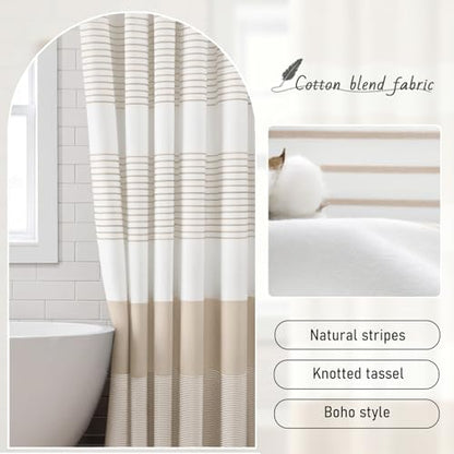 Extra Long Beige Boho Cotton Striped Shower Curtain with Tassel 72"W X 84"L | Boho Farmhouse Shower Curtains for Bathroom with Soft Cotton Feel - color: Beige, size: 72"W x 84"L