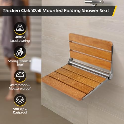 Dyna-Living Folding Shower Seat Wall Mounted Fold Down Shower Seat 400 lbs Load-Bearing Shower Bench Seat Wall Mounted Shower Chair Foldable Wooden Shower Seat for Inside Shower for Elderly