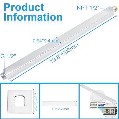 Ceiling Mount Shower Arm with Flange 20 Inches Square Straight Extender Extension Pipe Replacement, Long Shower Arm For Fixed Rain Shower Head or High Ceiling, Chrome - color: Chrome, style: 20inch
