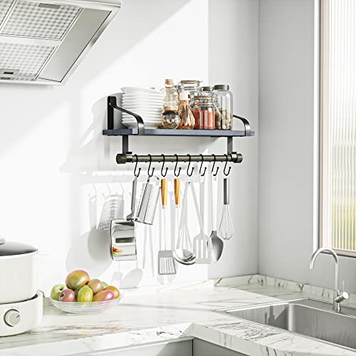 Love-KANKEI 17.3"Floating Wall Shelf Wood/Bracket,Coffee Bar,Weathered Grey | Spice Rack,Towel Bar/8 Hooks,40 Lbs/shelf,Easy to Install,For Kitchen,Bathroom,Living Room,Bedroom,Office,Entryway Display - color: Weathered Grey