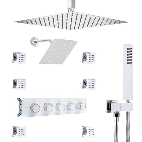 Thermostatic Shower System Dual Shower Heads with 16" Ceiling Mounted Rain Shower Head & 8" Wall Mounted Head 4 Function Full Body Luxury Shower System Can All Run Together, Polished Chrome - color: Polished Chrome