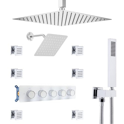 Thermostatic Shower System Dual Shower Heads with 16" Ceiling Mounted Rain Shower Head & 8" Wall Mounted Head 4 Function Full Body Luxury Shower System Can All Run Together, Polished Chrome - color: Polished Chrome