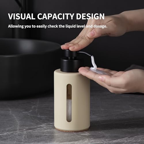 Enra Glass Lotion Dispenser with Window,12oz Bathroom Soap Dispenser Stainless Steel Lotion Hand Pump, Boho Liquid Soap Dispenser Countertop Lotion Bottle for Bathroom - color: Khaki