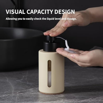 Enra Glass Lotion Dispenser with Window,12oz Bathroom Soap Dispenser Stainless Steel Lotion Hand Pump, Boho Liquid Soap Dispenser Countertop Lotion Bottle for Bathroom - color: Khaki