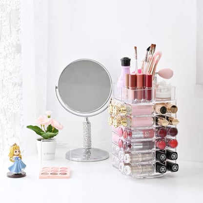 Ikee Design Acrylic Rotating Lipstick Gloss Make Up Organizer with 53 Slots | Rotating Acrylic Lip Gloss for Makeup, Lipsticks, Brushes, Cosmetic Storage Display, Bathroom, Vanity, Countertop - color: 3) Clear, 53 Slots