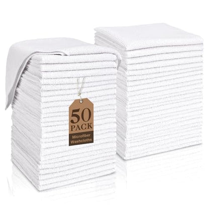 TEAWOO White Washcloths Bulk 50 Pack, Highly Absorbent & Quick Drying | Face Towels, Soft Bath Towels, Multi-Purpose Microfiber Wash Cloths for Bathroom, Hotel, Spa, Gym and Kitchen, 12x12 inches - size: 50Pack White