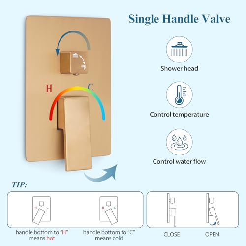 Brushed Gold Square Rainfall Shower Head Set with Handheld, 10" | Wall Mounted Bathroom Shower Faucet, 10 Inch Square Head, With Shower Valve, Rustproof Brushed Gold, High Pressure Raindrop - color: Brushed Gold, style: 2 Setting-10in