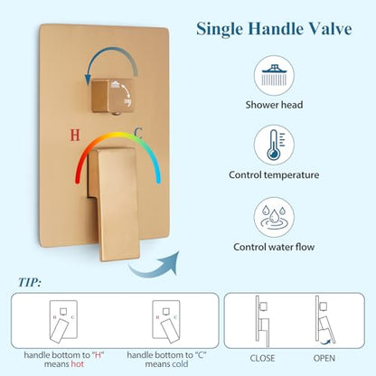 Brushed Gold Square Rainfall Shower Head Set with Handheld, 10" | Wall Mounted Bathroom Shower Faucet, 10 Inch Square Head, With Shower Valve, Rustproof Brushed Gold, High Pressure Raindrop - color: Brushed Gold, style: 2 Setting-10in