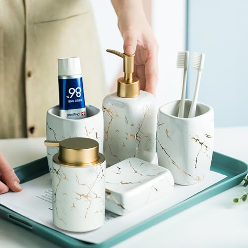 Marble Bathroom Accessories Set, 5 Pieces Ceramic Bathroom Accessories Set with Bathroom Soap and Toothbrush Holder Set Soap Dispenser, 2 Mouthwash Cups, Modern Bathroom Accessory Set