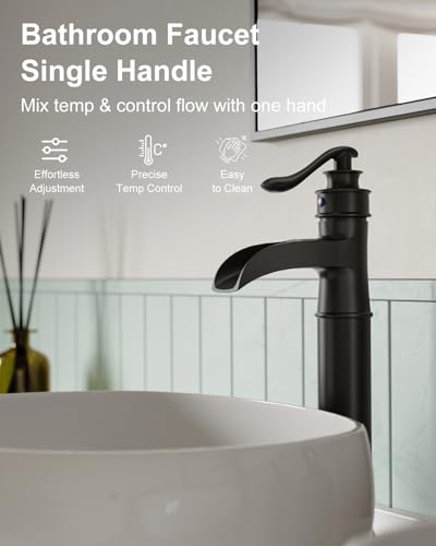 BWE Vessel Sink Faucet Waterfall Matte Black Bathroom Faucets Single Hole | Tall Sink Faucet Bathroom One Handle Vanity Bath Mixer Tap with Pop Up Drain Without Overflow and Supply Lines - color: Black