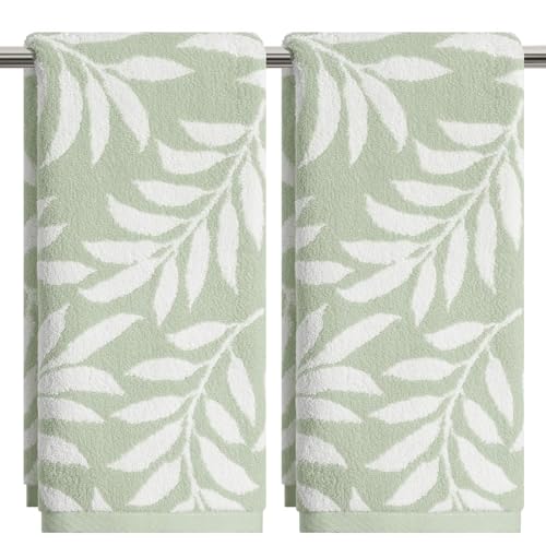 Artoid Mode 2 Pcs Beige Green Leaves Jacquard Hand Towels for Bathroom, 100% Cotton Soft Absorbent Bathroom Decor Towels, 13.7 x 29.5 Inch - color: Beige/Green, size: 13.7" x 29.5", 2PCS