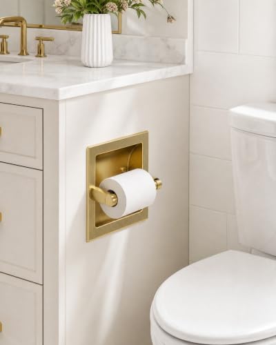 Recessed Toilet Paper Holder Gold, in-Wall, 304 Stainless Steel | Inset Toilet Paper Holder, Spring-Free Pivoting Arm, Space-Saving Flush Mount, Fits Rolls up to 6 in - color: Gold