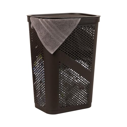Mind Reader Slim Laundry Hamper with Lid, 60L Clothes Basket, Ventilated Plastic, Brown - color: Brown, size: Single
