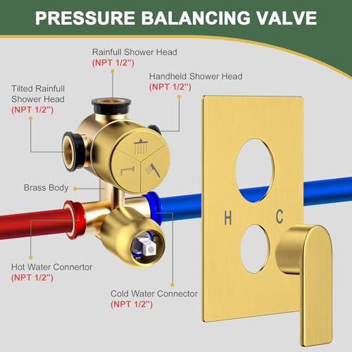 Gold Shower Faucet Set, Home Shower System with 3-Setting Push Button Diverter, 12" Ceiling Rain Shower Head & 6" Wall Mount Shower Head, 2-in-1 Handheld, Shower Valve Trim Kit - color: Brushed Gold