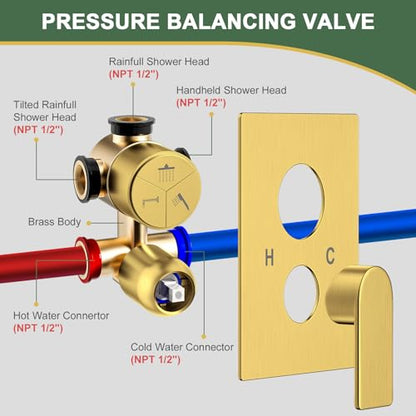 Gold Shower Faucet Set, Home Shower System with 3-Setting Push Button Diverter, 12" Ceiling Rain Shower Head & 6" Wall Mount Shower Head, 2-in-1 Handheld, Shower Valve Trim Kit - color: Brushed Gold