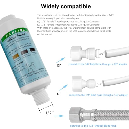 FANLIDE Bidet water filter for electronic bidet seats, Toilet water filter system, compatible with 1/2" 1/4" 3/8" Bidet hose (2 Filters + 2 Adapter)