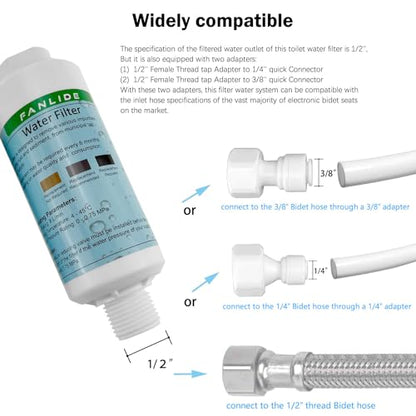 FANLIDE Bidet water filter for electronic bidet seats, Toilet water filter system, compatible with 1/2" 1/4" 3/8" Bidet hose (2 Filters + 2 Adapter)