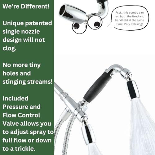 High Sierra® - Solid Lead-Free Metal 4-Way Combo CLASSIC™ Fixed and Handheld Shower Head with Hose. Run Separately or Both at Full Flow - 1.25 GPM per Shower Head - Brushed Nickel Finish - color: Nickel, size: 1.25 GPM