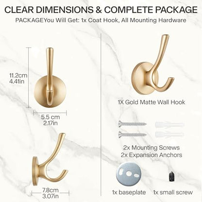 Matte Gold Towel Hooks 4 Pack, Heavy Duty Zinc Alloy Double Prong Coat Robe Hooks, Wall Mounted Towel Hooks for Bathroom, Kitchen, Closet, Garage, Entryway (195gold) - color: Brushed gold