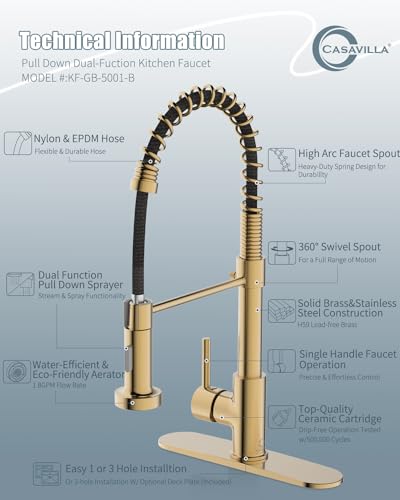Kitchen Faucet, Brushed Gold Kitchen Faucet with Soap Dispenser and Deck Plate, Faucet for Camper Farmhouse RV Kitchen Sink, Single Handle Stainless Steel Kitchen Sink Faucets with Pull Down Sprayer - color: C-Brushed Gold, style: Contemporary