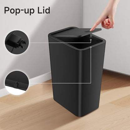 TIPGO Bathroom Trash Can with Lid, 4 Gallon / 15 Liter Small Garbage Can, Press Top Bin, Plastic Wastebasket with Pop-Up Lid for Bedroom, Living Room, Office (Black, 2 Pack) - color: Black, 2 Pack