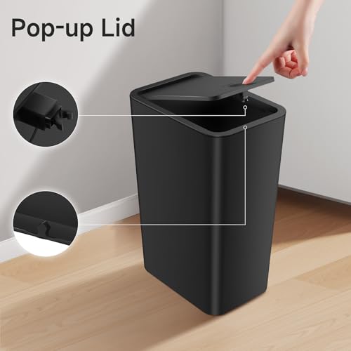 TIPGO Bathroom Trash Can with Lid, 4 Gallon / 15 Liter Small Garbage Can, Press Top Bin, Plastic Wastebasket with Pop-Up Lid for Bedroom, Living Room, Office (Black) - color: Black,1 Pack