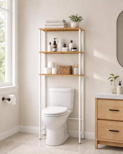 LiSHELF Bamboo Over The Toilet Storage Shelf 3-Tier Bathroom Organizer Rack Freestanding Above Toilet Shelves Space Saver for Small Bathroom, Laundry, White