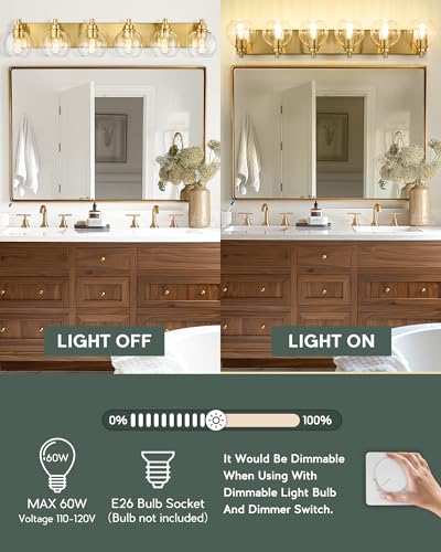 6-Light Brushed Gold Bathroom Vanity Light, Clear Glass Globe Shade | 38" modern bathroom light fixtures over mirror, E26 base, bulbs not included, VL195-BG-6 - color: Brushed Gold, Clear Glass, size: 6-light