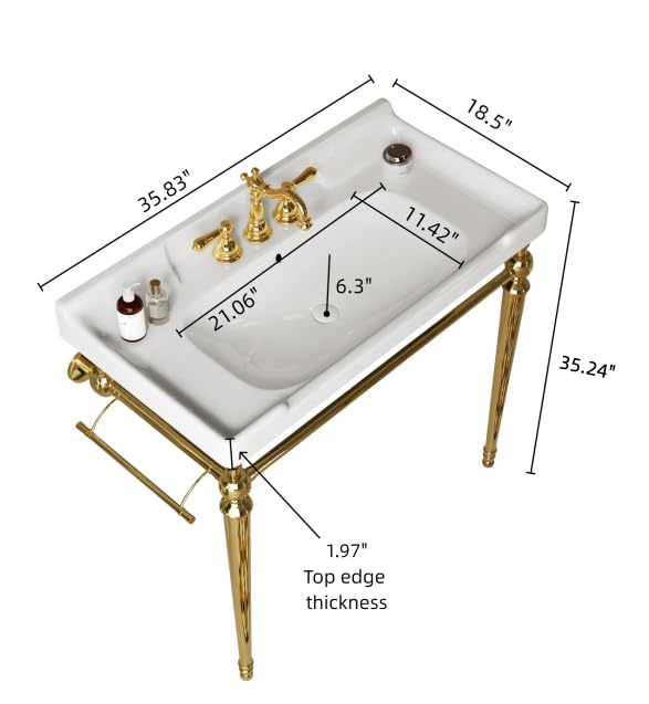 36" Bathroom Console Sink, VICI Wall Mounted Ceramic Basin with 3 Faucet Holes, Vanity Sink with Overflow, Freestanding Stainless Steel Legs, Towel Bar, Modern Bathroom Sink, White Top+Gold Leg - color: White,gold, size: 36''+White Top+Gold Leg