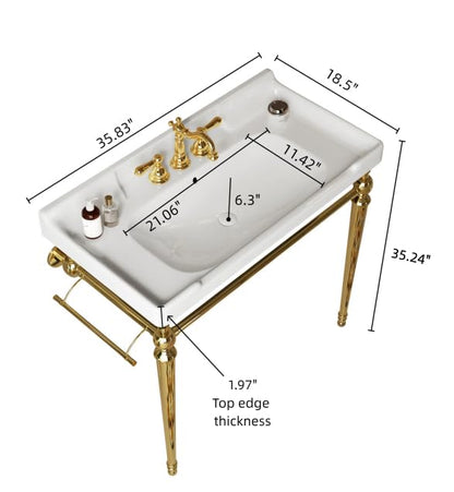 36" Bathroom Console Sink, VICI Wall Mounted Ceramic Basin with 3 Faucet Holes, Vanity Sink with Overflow, Freestanding Stainless Steel Legs, Towel Bar, Modern Bathroom Sink, White Top+Gold Leg - color: White,gold, size: 36''+White Top+Gold Leg