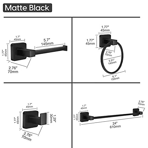 Bathroom Hardware Set 4 Pieces,Stainless Steel Matte Black Towel Bar Set, Includes 24In Towel Bar, Towel Ring, Robe Towel Hooks,Toilet Paper Holder, Bathroom Towel Rack Set - color: Black, size: 24Inch